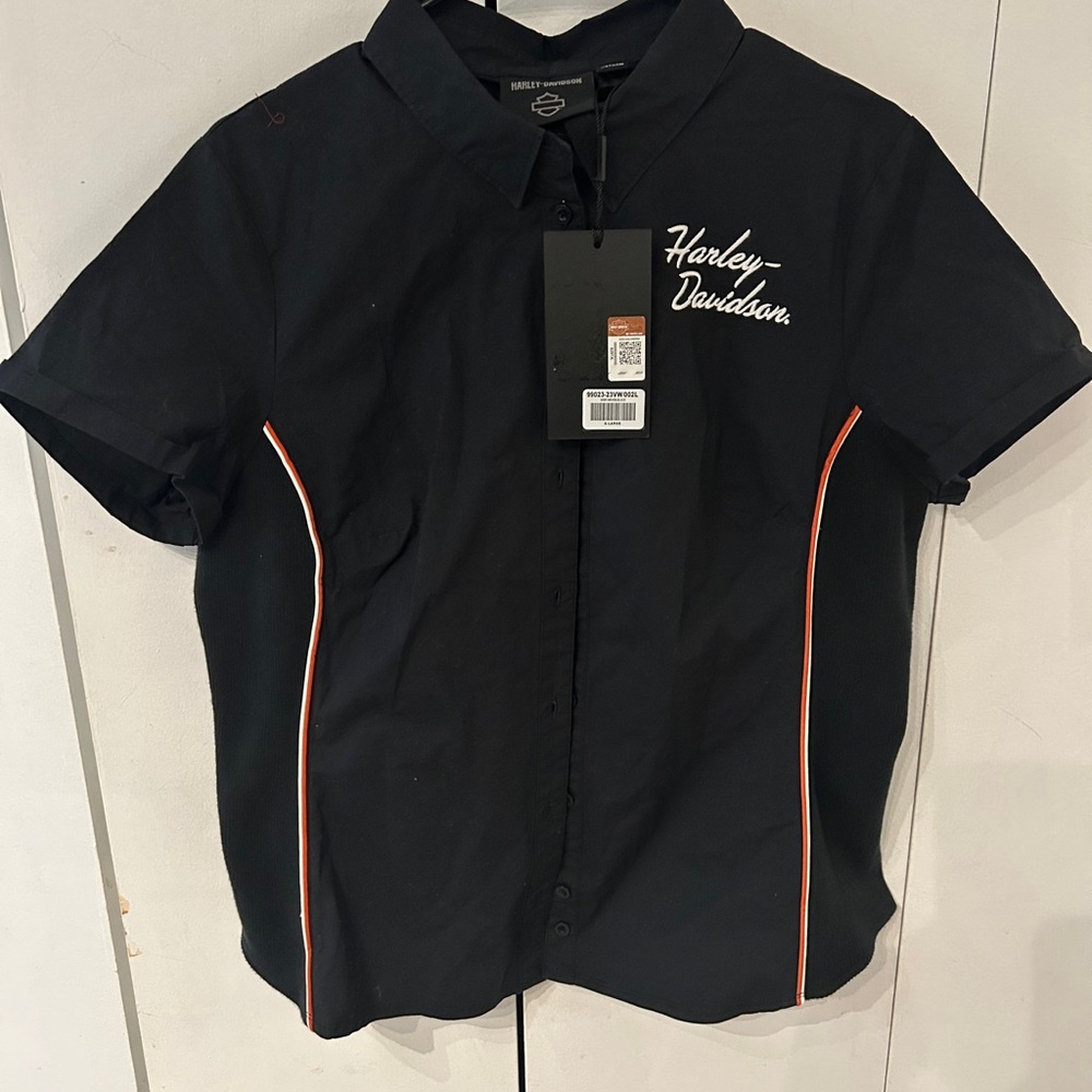 Harley-Davidson Black Button Down Shirt with Orange Trim side panel stretch NWT